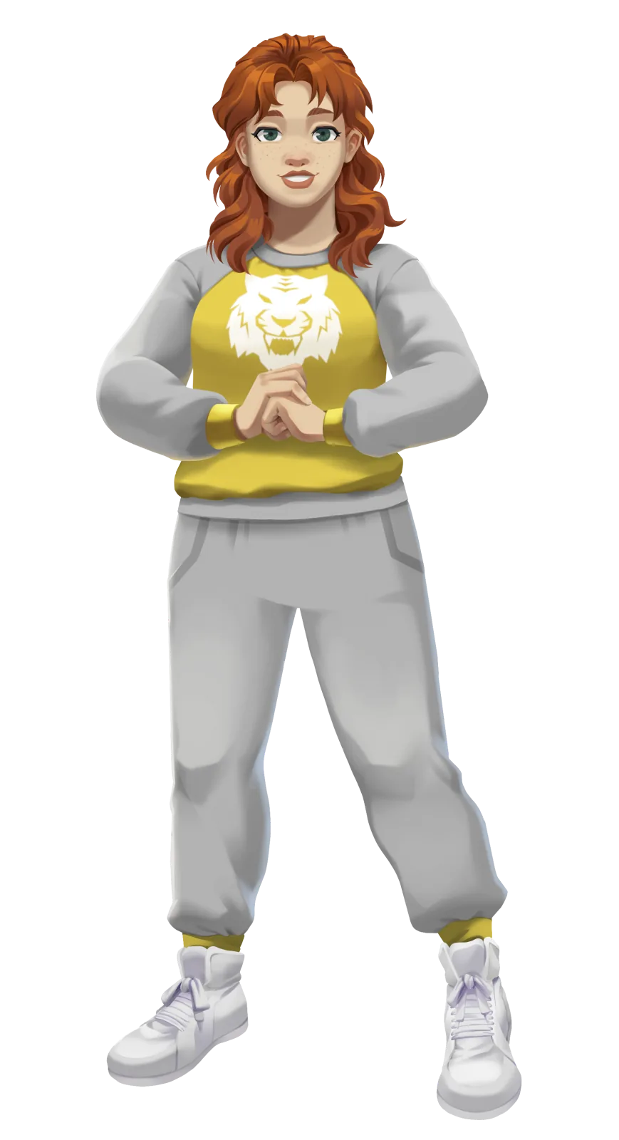 Lulu in her yellow Apex Academy uniform, hands clasped